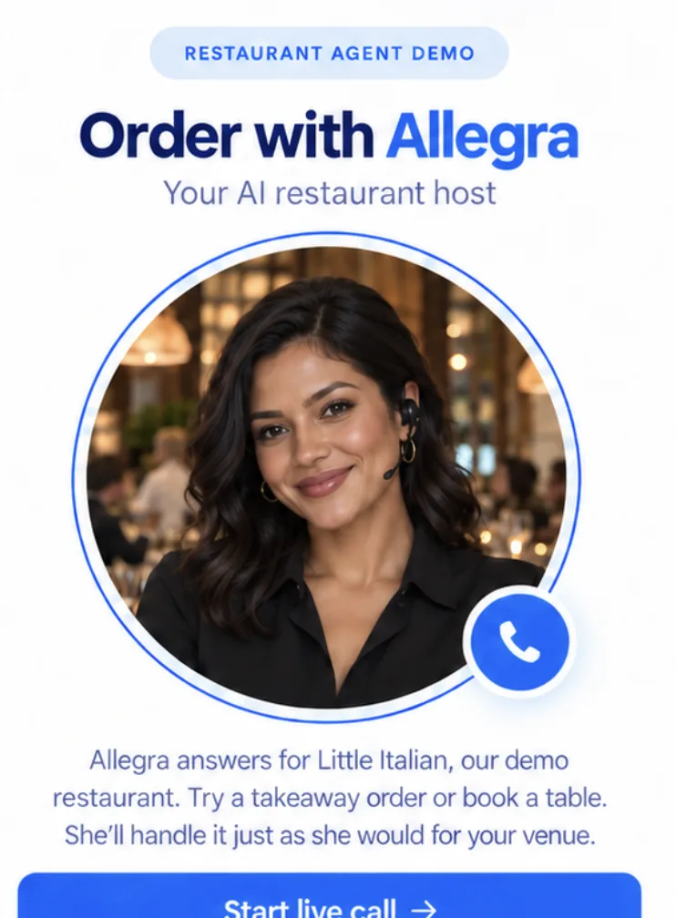 Allegra, your AI restaurant agent, wearing a headset